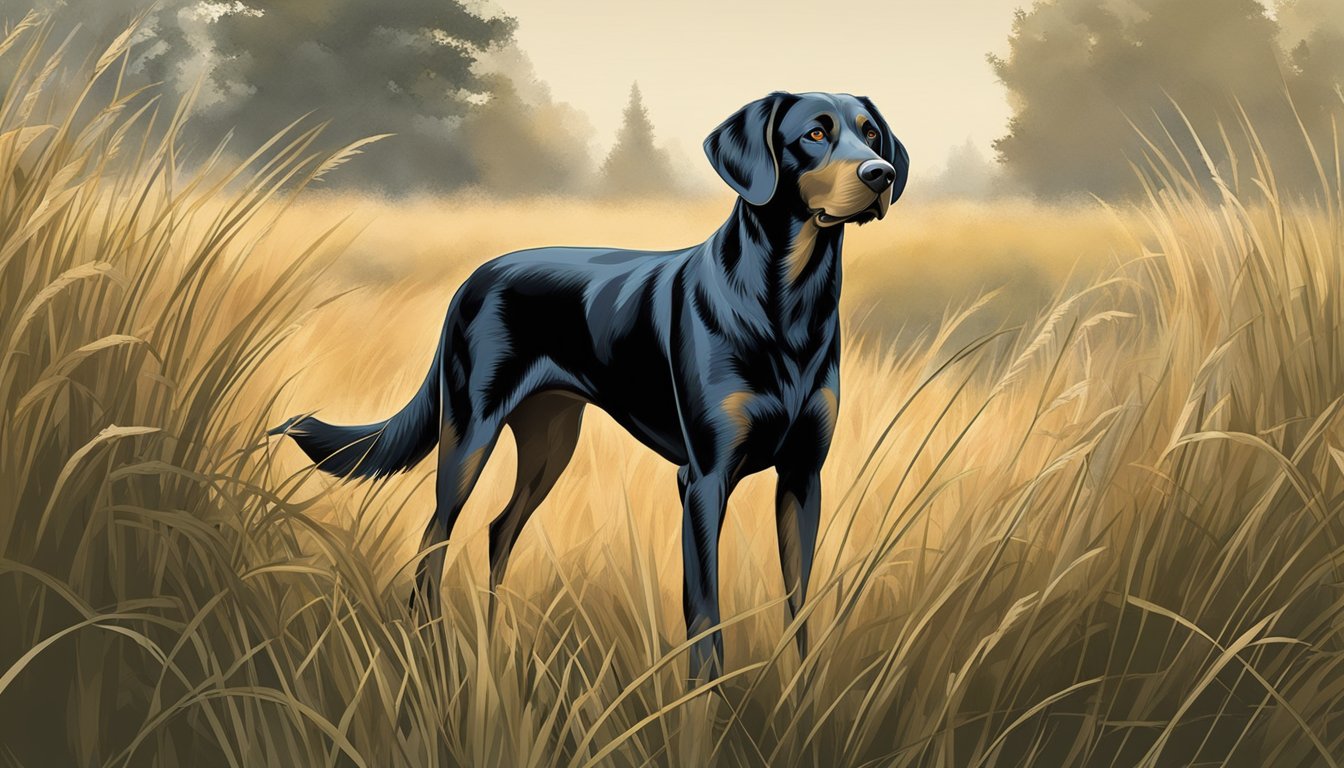 A hunting dog with a sleek, shiny coat stands proudly in a field, surrounded by tall grass and trees. Its alert eyes and strong build exude confidence and readiness for the hunt