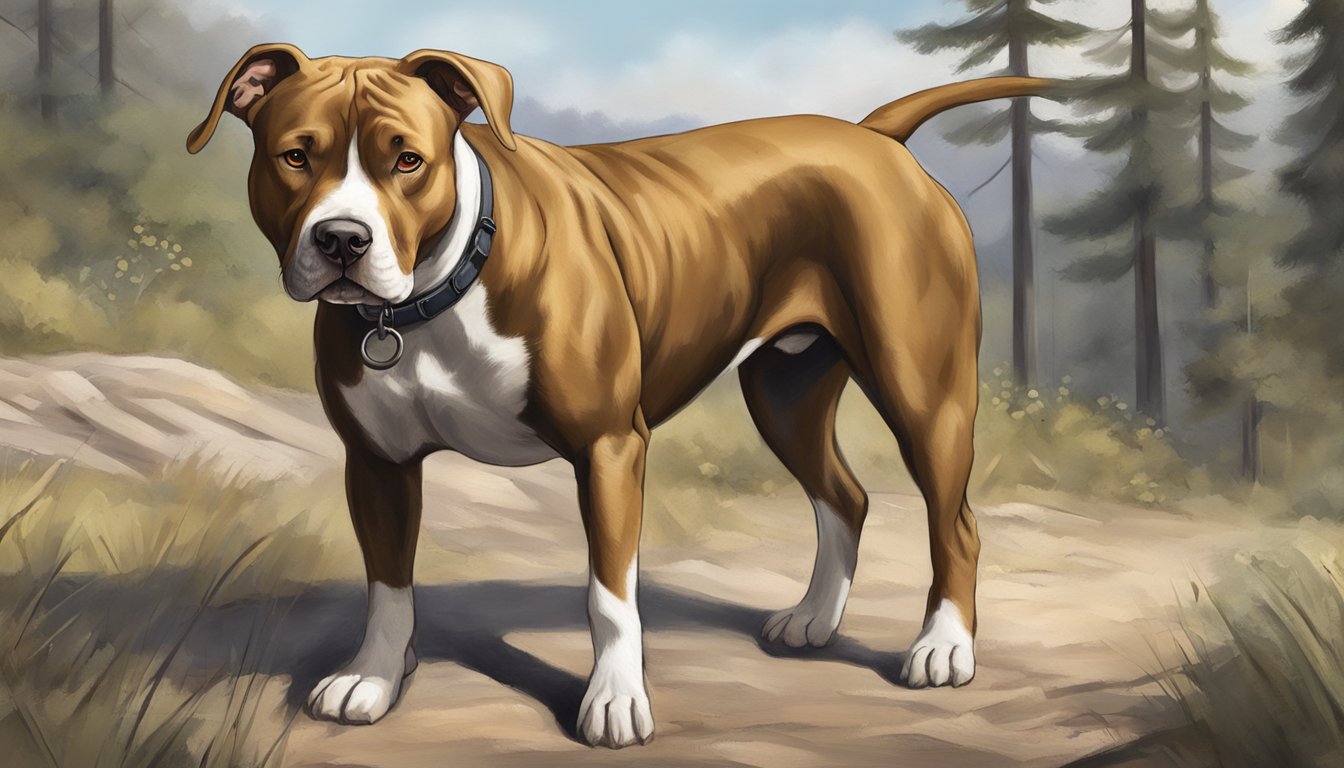 An American Pit Bull Terrier with strong muscles and a sturdy build, focused on a hunt in a rugged outdoor setting