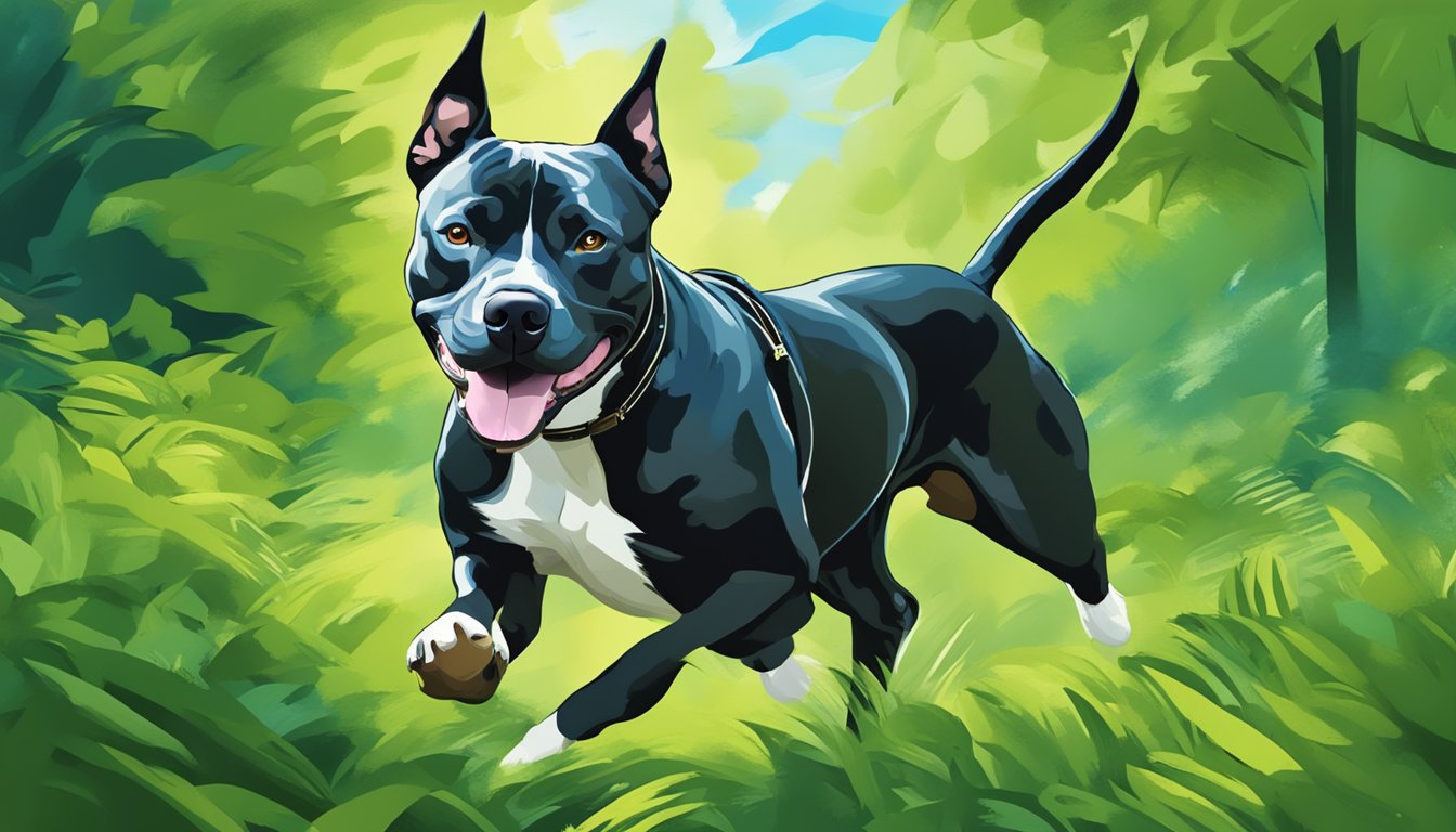 An American Pit Bull Terrier running through a lush green forest, with a bright blue sky and a sense of freedom and vitality