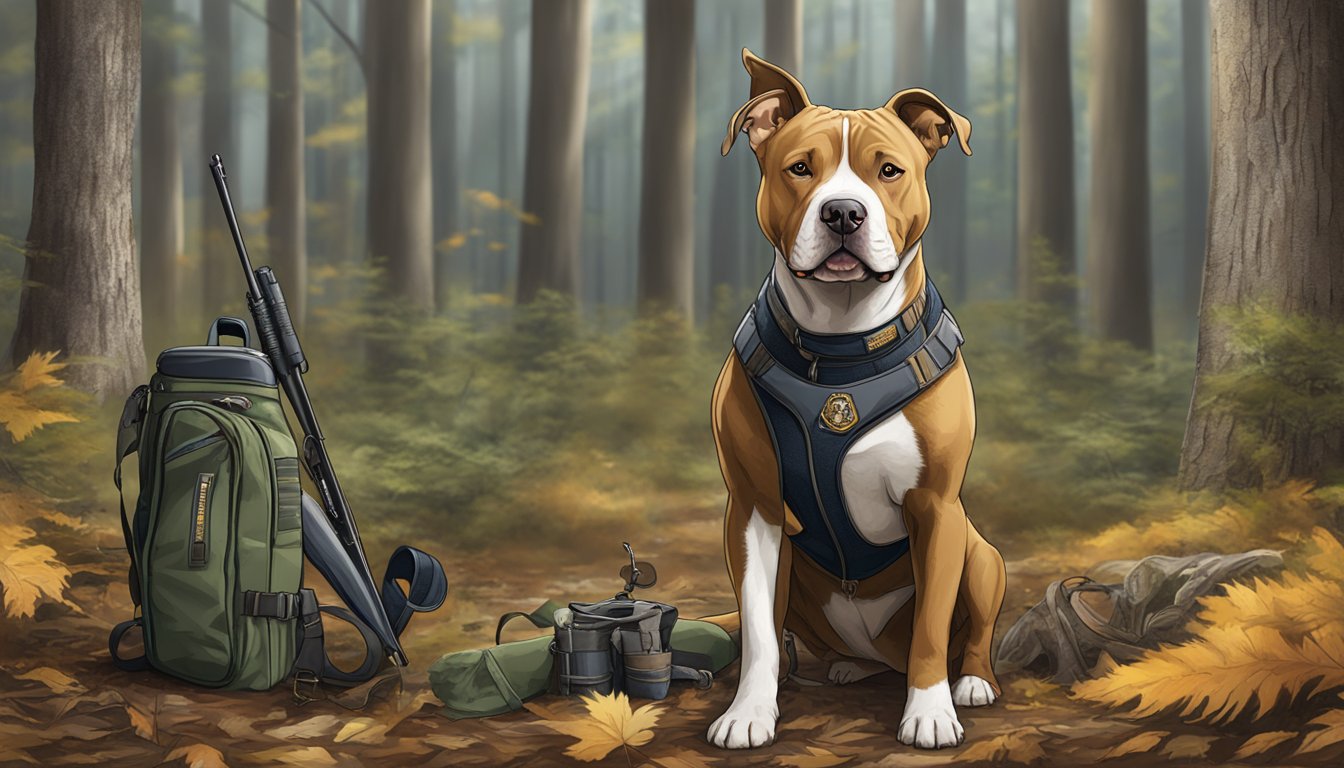 An American Pit Bull Terrier standing proudly in a wooded area, with a hunter in the background, surrounded by hunting gear and a sign displaying breed-specific legislation