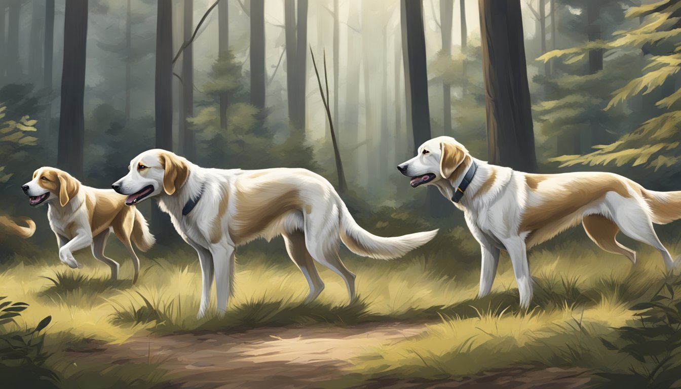 A pack of hunting dogs eagerly sniffing the ground, their tails up and ears perked, ready to track and chase their prey through the forest