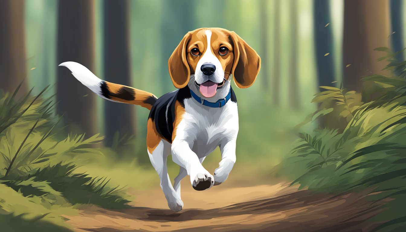 A Beagle trots through the forest, nose to the ground, tail wagging. It pauses, ears perked, then darts off into the underbrush