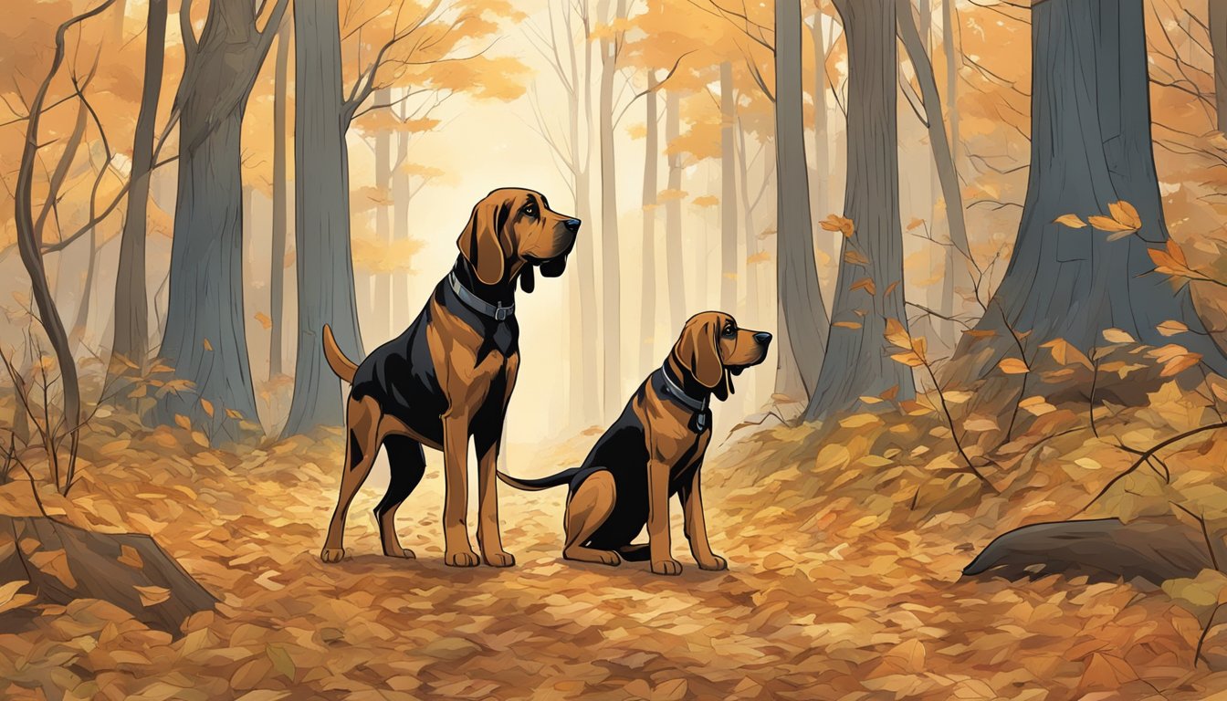 A Bloodhound sniffs the ground while another Bloodhound stands alert, ears perked, in a dense forest, surrounded by fallen leaves and tall trees