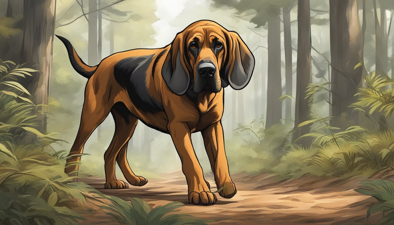 A bloodhound's nose sniffs the ground, ears perked, as it follows a scent trail through a dense forest