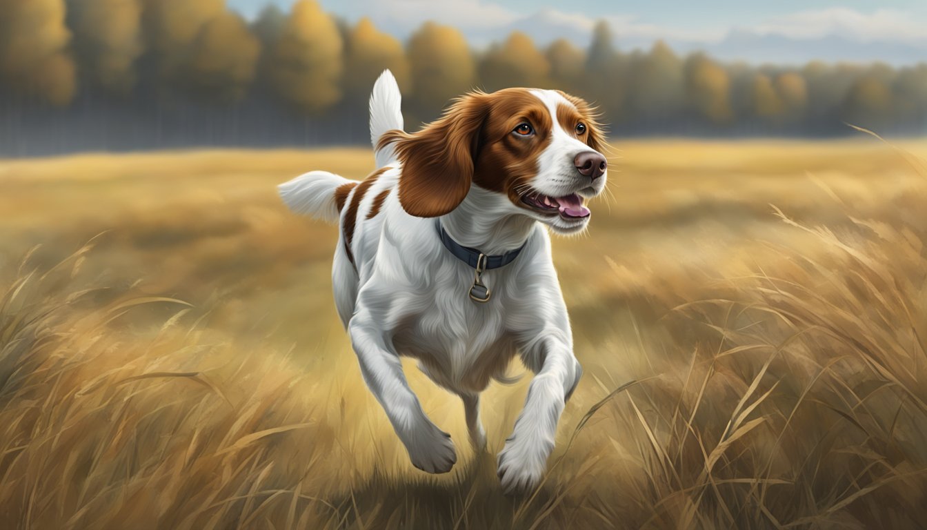 A Brittany Spaniel dashes through a field, nose to the ground, tail wagging, as it searches for game during a hunting expedition