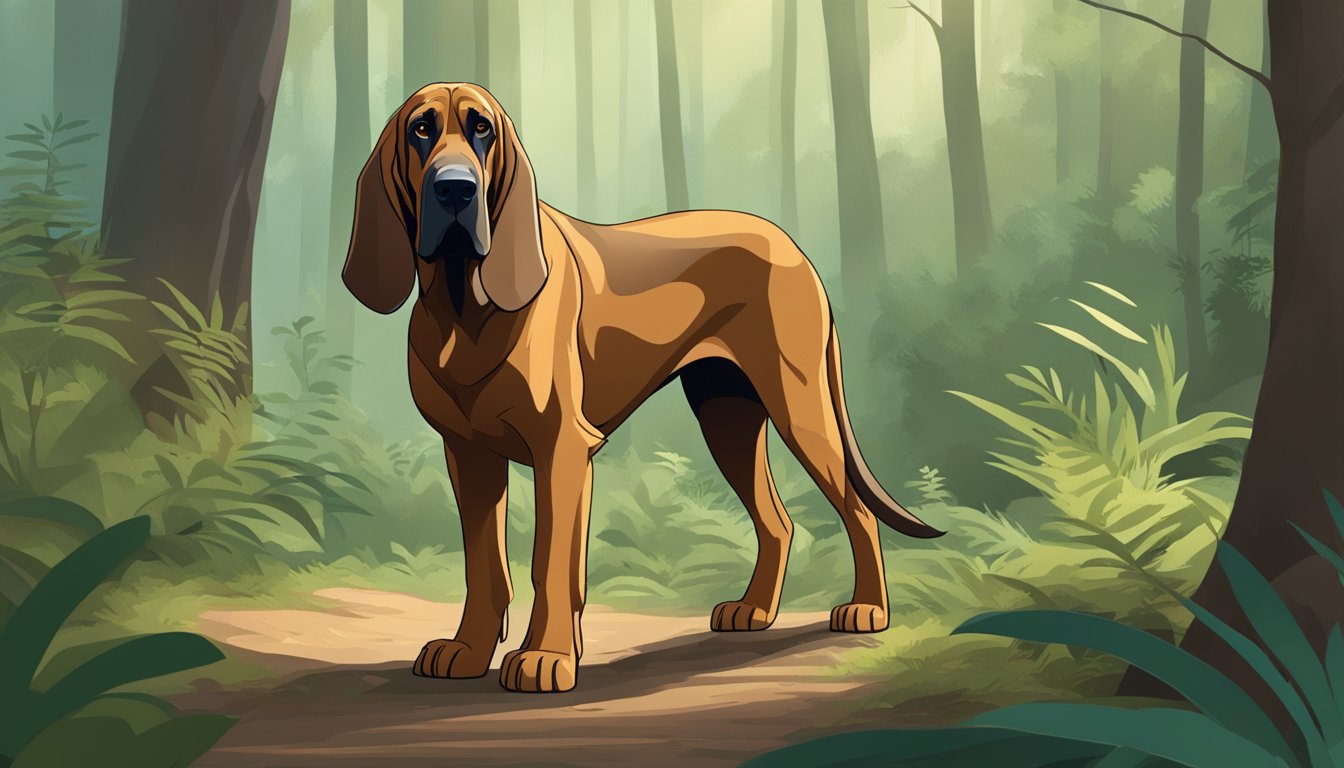 A bloodhound stands alert in a lush forest, nose to the ground, tail raised. Its ears are perked, and its intense gaze is fixed on a trail