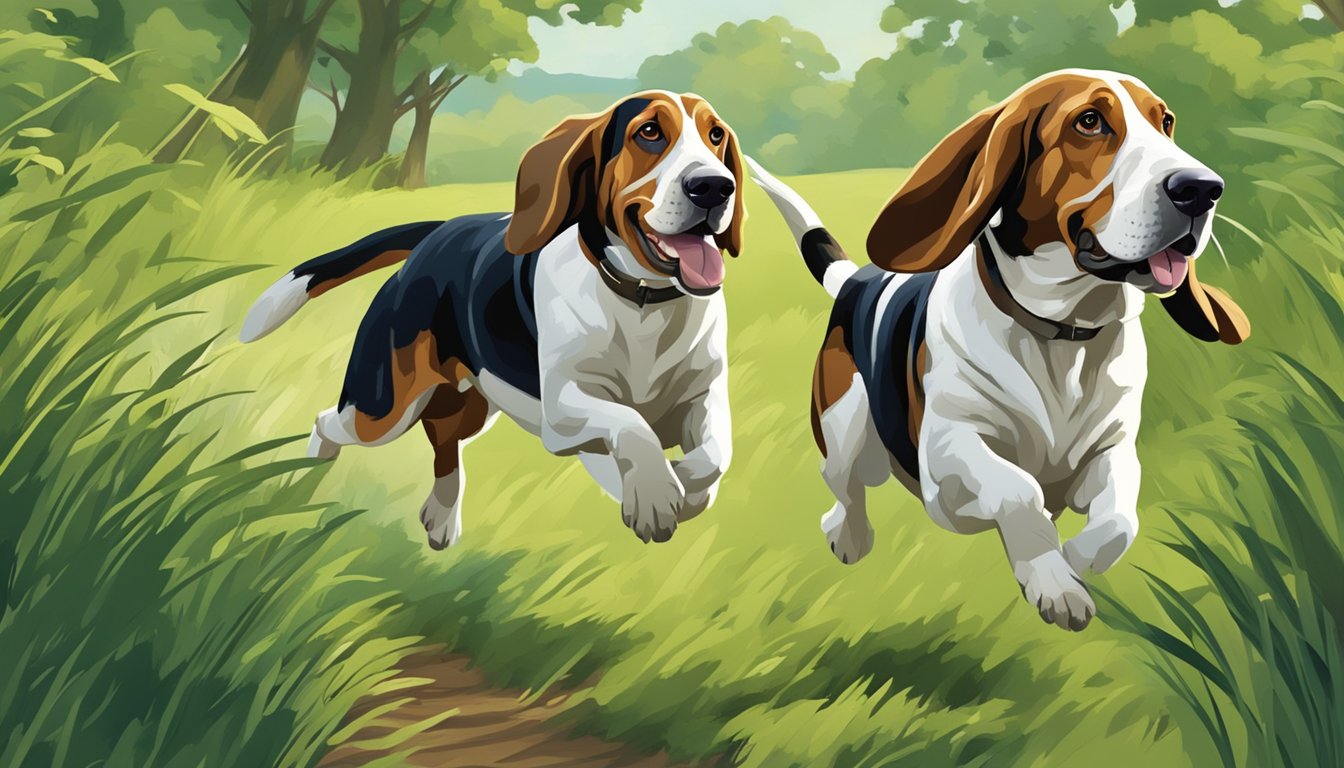 Basset hounds chasing after rabbits in a lush, wooded area with tall grass and scattered trees