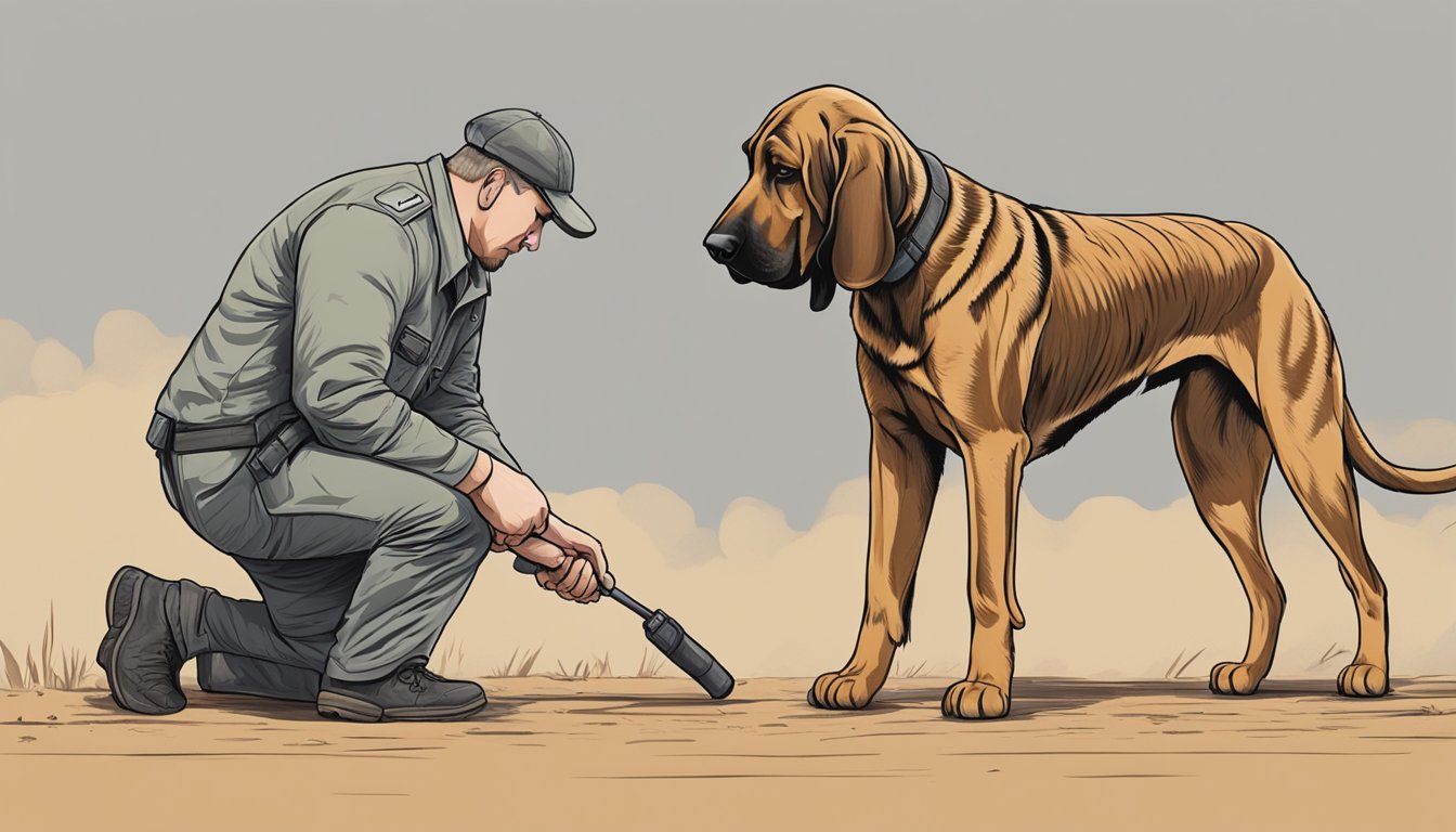 A Bloodhound sniffs the ground while its handler watches attentively