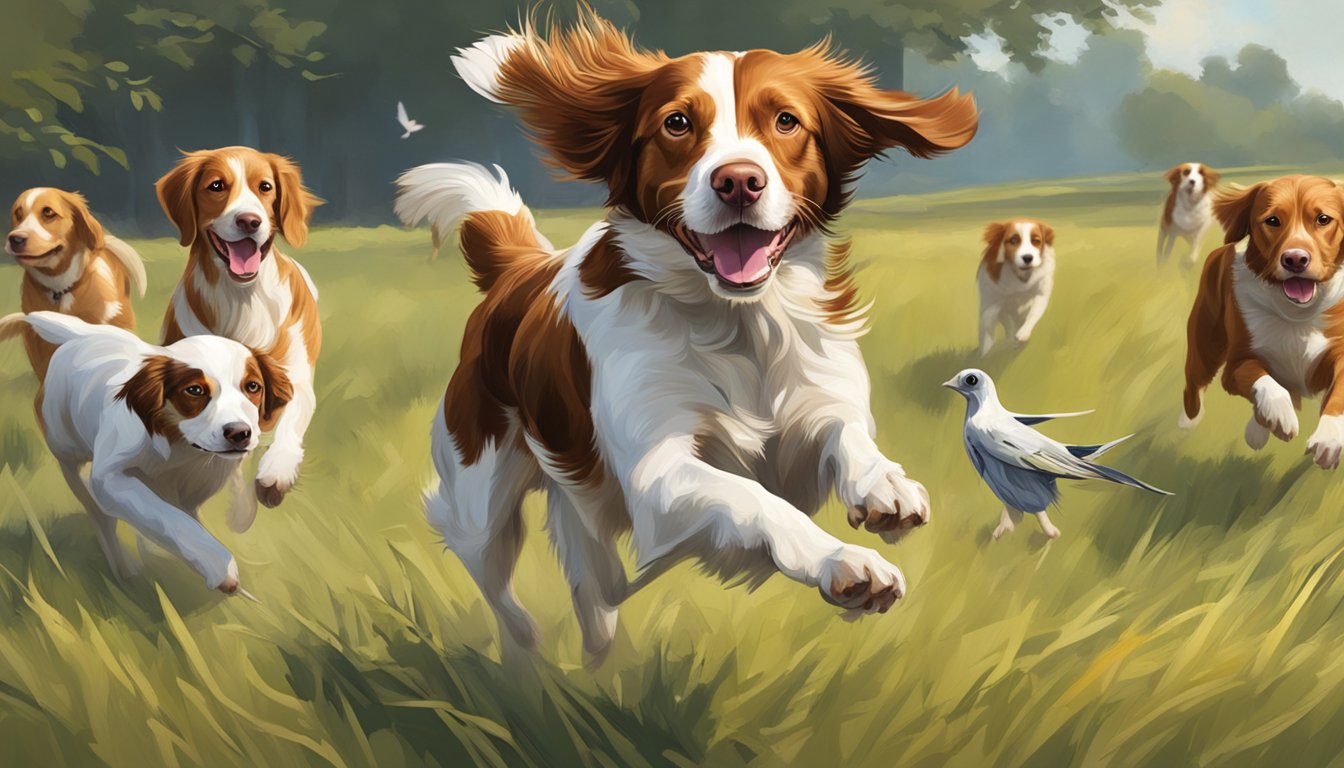 A Brittany Spaniel running through a field, tail wagging, with a bird in its mouth. Other dogs and their handlers are scattered throughout the scene