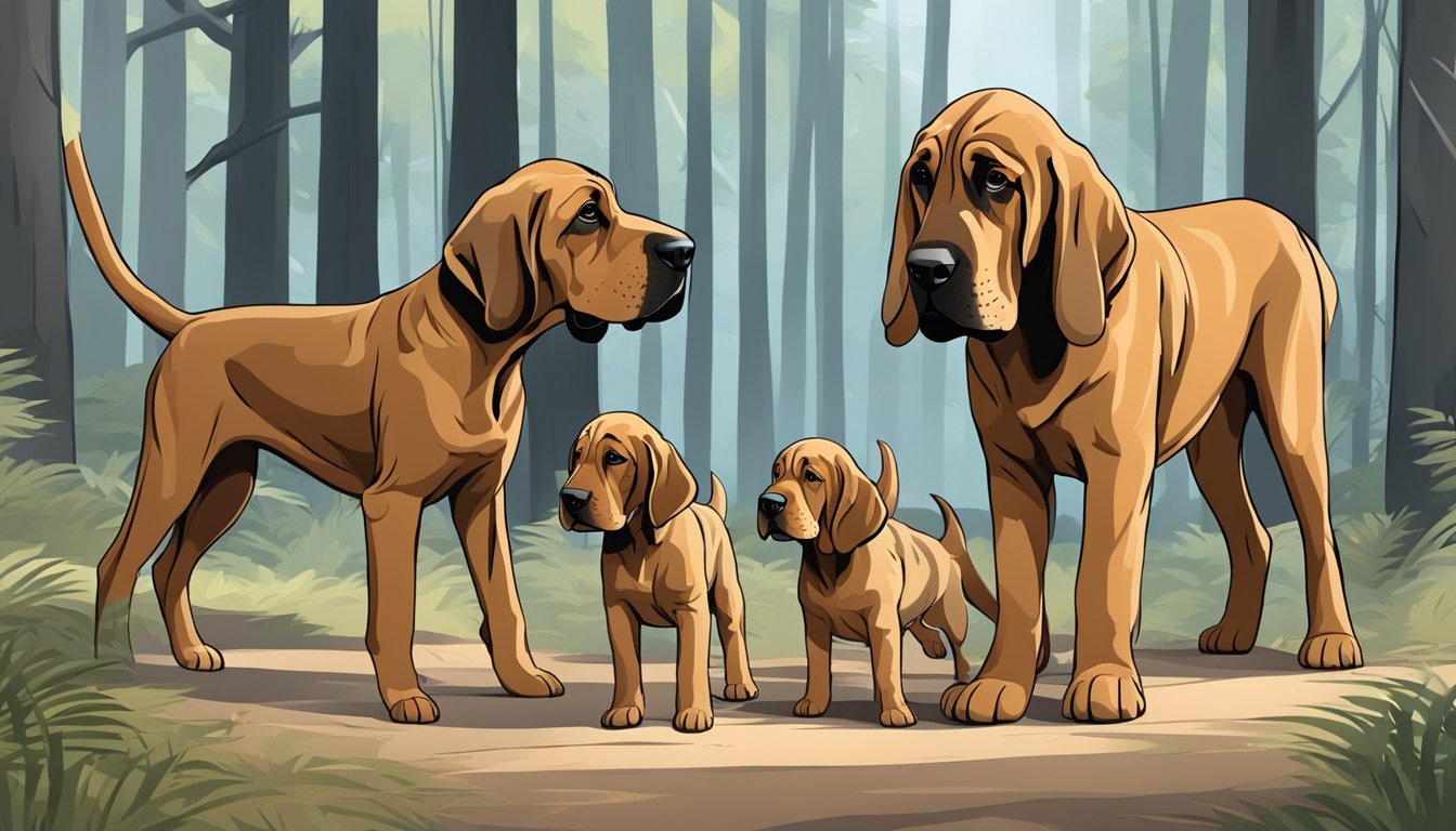 Bloodhound puppies follow an adult Bloodhound through a wooded area, noses to the ground, searching for a scent