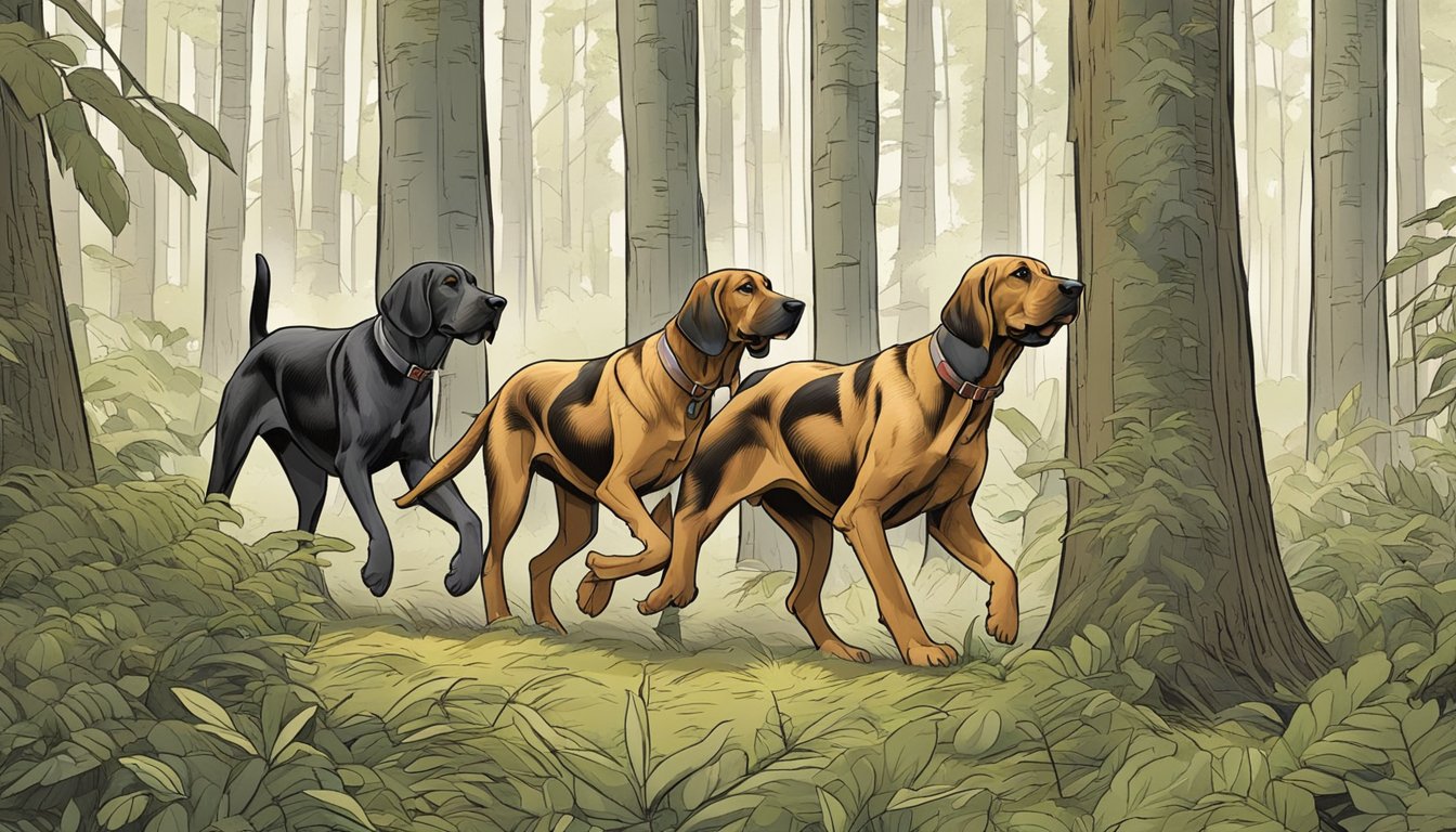 Bloodhounds tracking through dense forest, noses to the ground, as they search for a scent