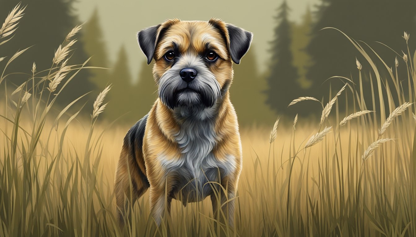 A Border Terrier stands alert in a rustic countryside setting, surrounded by tall grass and trees. The dog's keen expression and sturdy build reflect its history as a skilled hunting companion