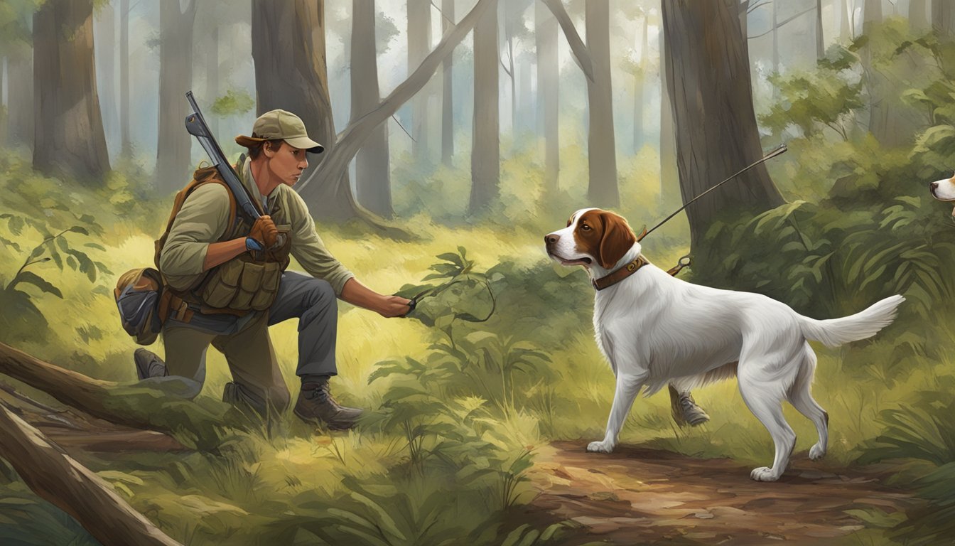 A Brittany Spaniel retrieves a downed bird in a lush, wooded area, while a hunter looks on with a sense of respect and responsibility for conservation and ethical hunting