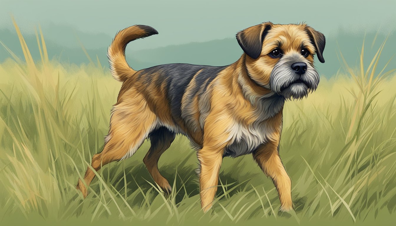 A Border Terrier with a wiry coat and alert expression, hunting in a grassy field with a determined focus