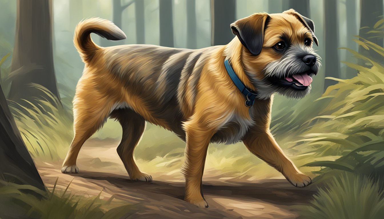 A Border Terrier eagerly follows its owner through a dense forest, sniffing and searching for any signs of prey. The dog's tail wags with excitement as it eagerly hunts for its training and exercise needs