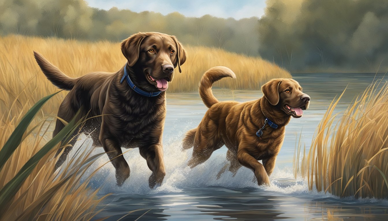 A Chessie hunting with a Chesapeake Bay Retriever, both with thick, wavy coats, strong builds, and determined expressions, amidst tall grass and water