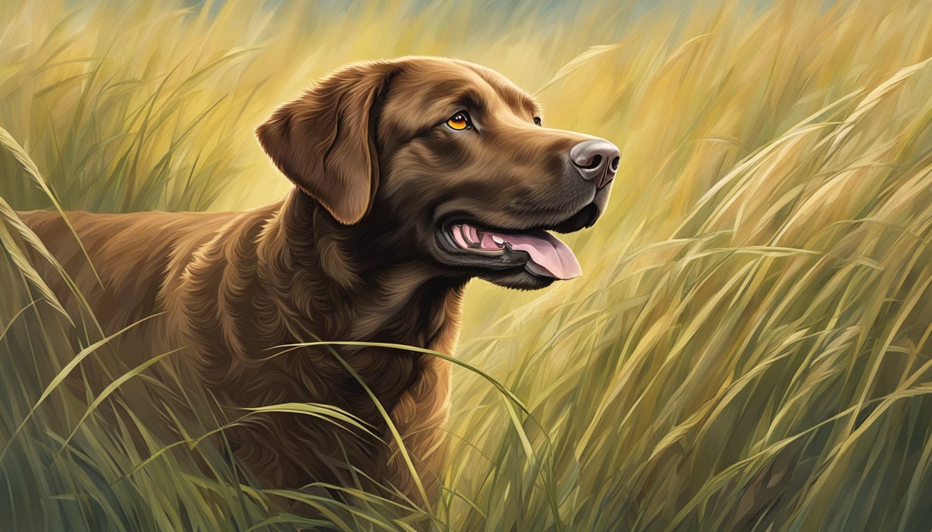 A Chesapeake Bay Retriever eagerly bounds through tall grass, nose to the ground, tail wagging, and eyes focused on the hunt