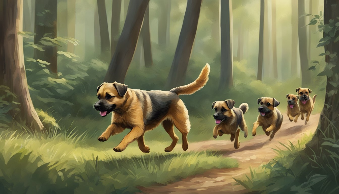 A Border Terrier runs through a wooded area, tail wagging, with a family nearby. The dog carries a small game in its mouth