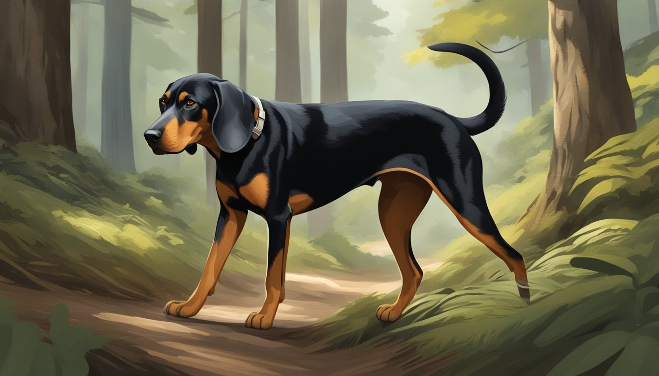 A Coonhound, either Black and Tan or Redbone, tracking through a dense forest, nose to the ground, ears alert, and tail held high