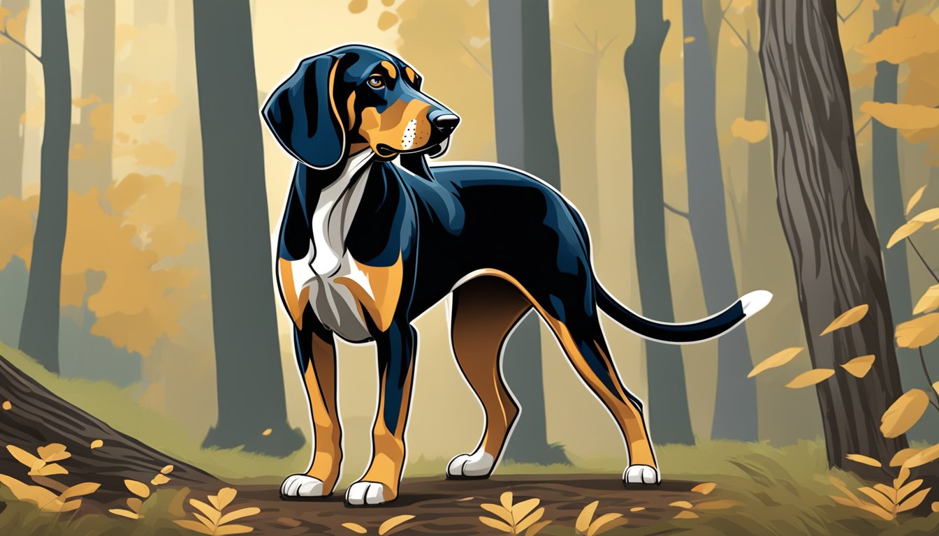 A Coonhound with sleek black and tan fur stands alert in a wooded area, nose to the ground, ears perked, and tail raised, ready to track prey