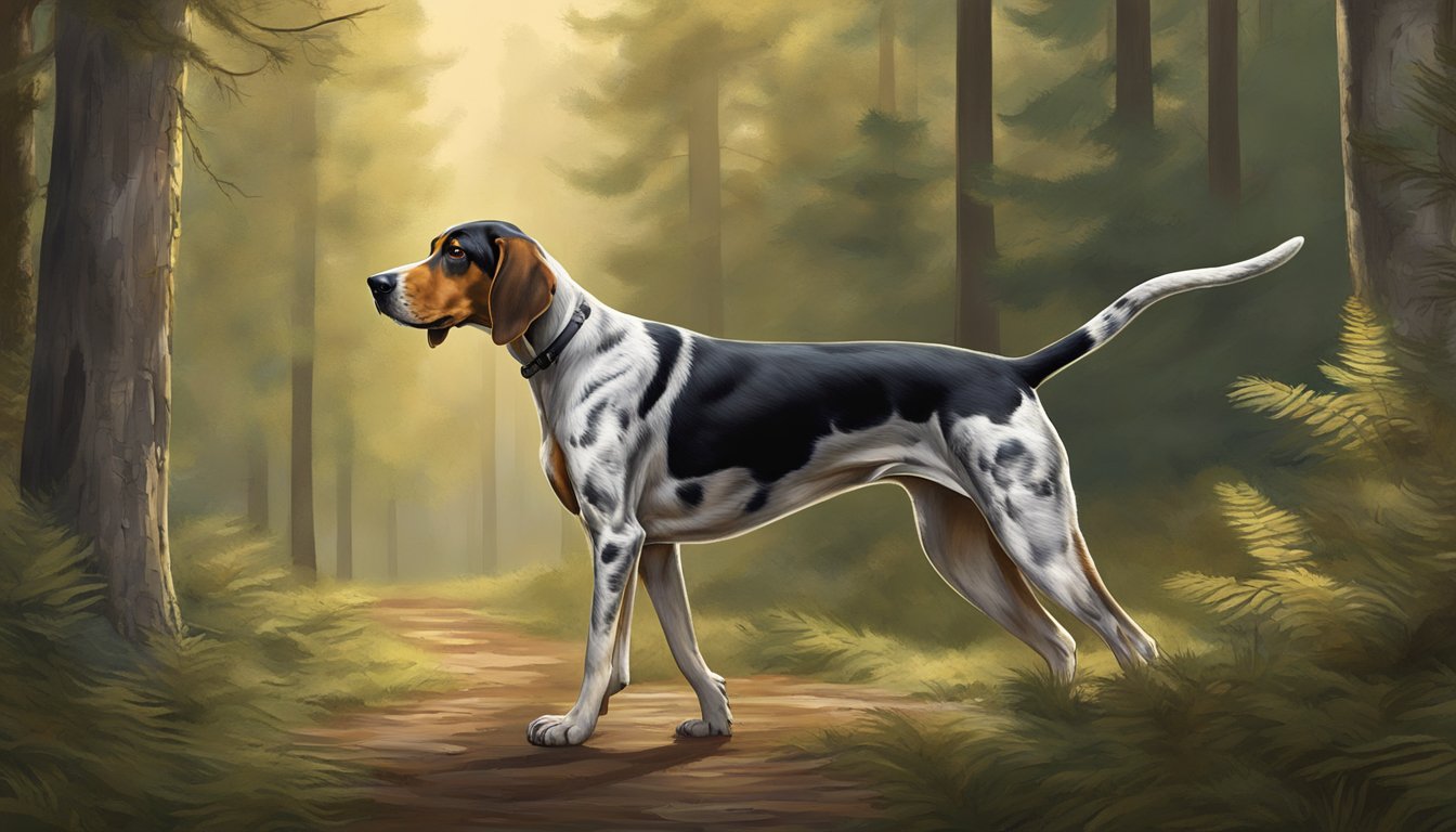 A Coonhound eagerly follows a scent trail through a dense forest, its tail held high and ears alert. The dog's focused and determined expression reflects its natural hunting temperament