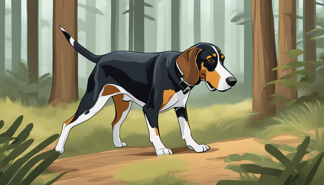 A Coonhound sniffs the forest floor, ears alert, as it tracks a scent during a training exercise