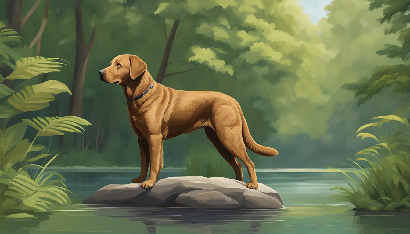 A Chesapeake Bay Retriever stands alert in a serene, wooded setting, surrounded by lush greenery and a tranquil body of water, exuding a sense of health and wellness