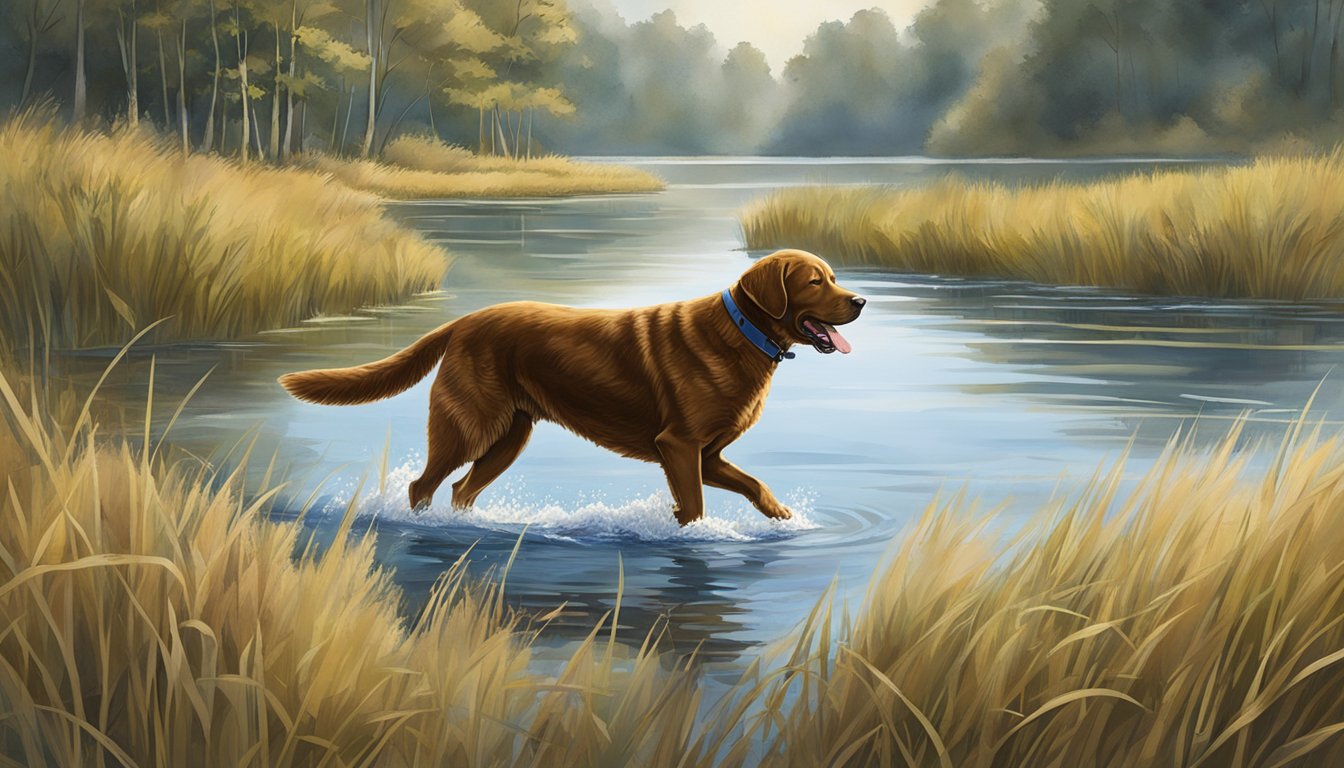 A Chessie in competitive and service roles hunts with a Chesapeake Bay Retriever, surrounded by tall grass and water