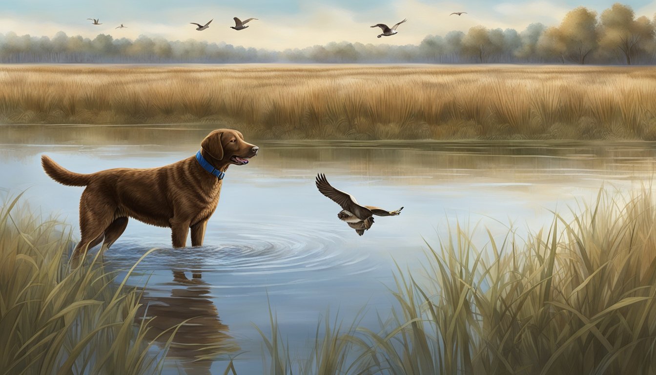 A Chesapeake Bay Retriever retrieves a duck from a marshy wetland, surrounded by tall grass and waterfowl