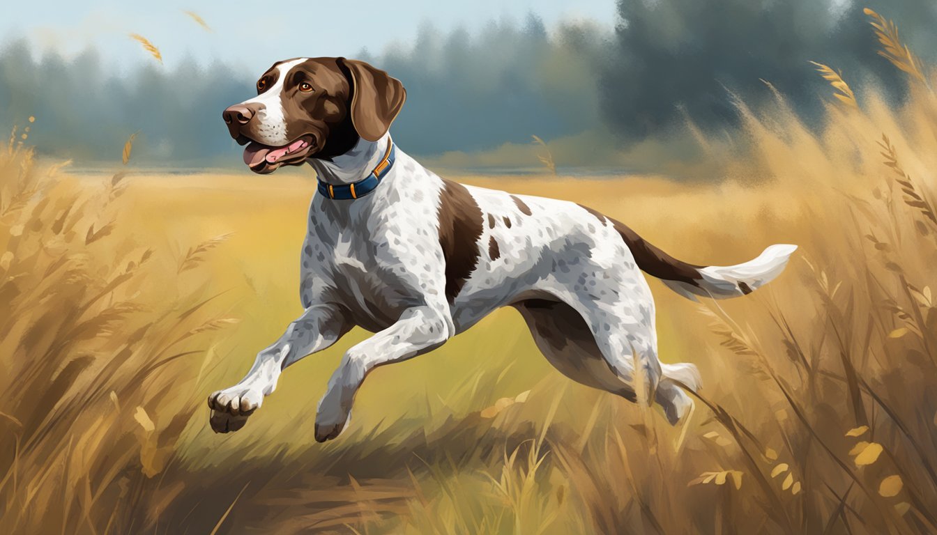 A GSP runs through a field, tail high, nose to the ground, eagerly searching for game