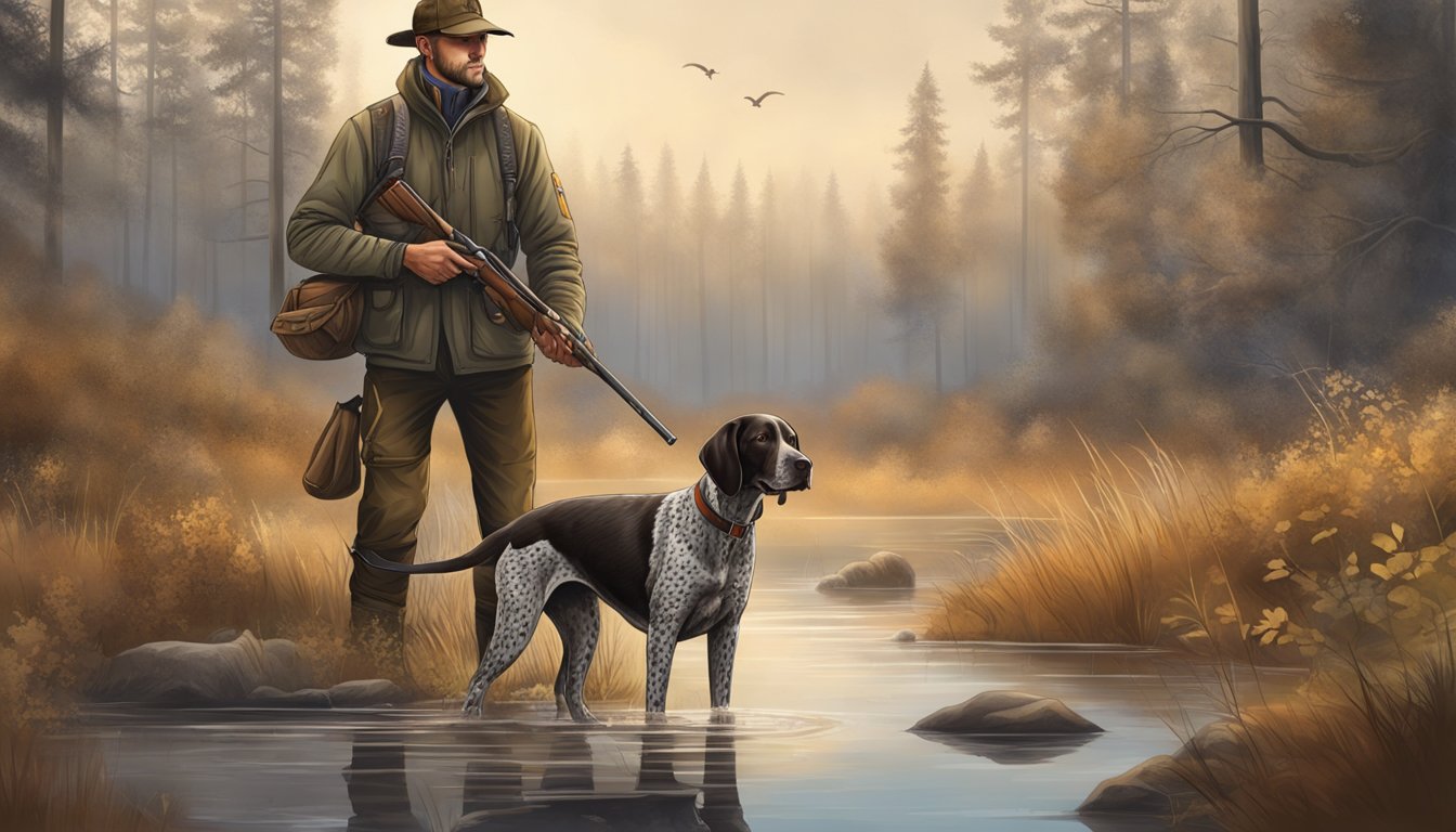 A hunter with a German Shorthaired Pointer in a natural setting, following legal and ethical hunting guidelines