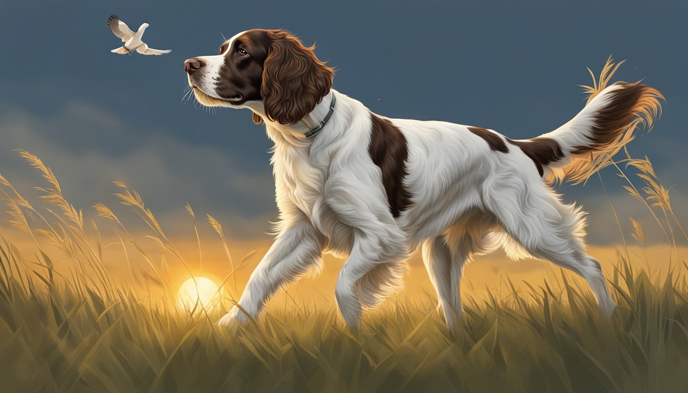 An English Springer Spaniel retrieves a bird during a post-hunt practice session in a grassy field, with the sun setting in the background