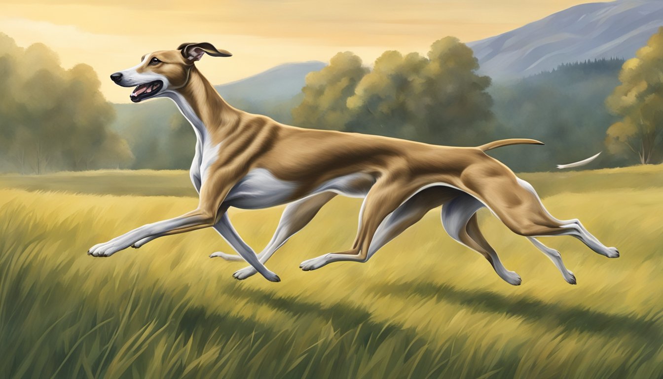 Two greyhounds chase a hare across a grassy field, their sleek bodies and long legs in full stride as they pursue their prey