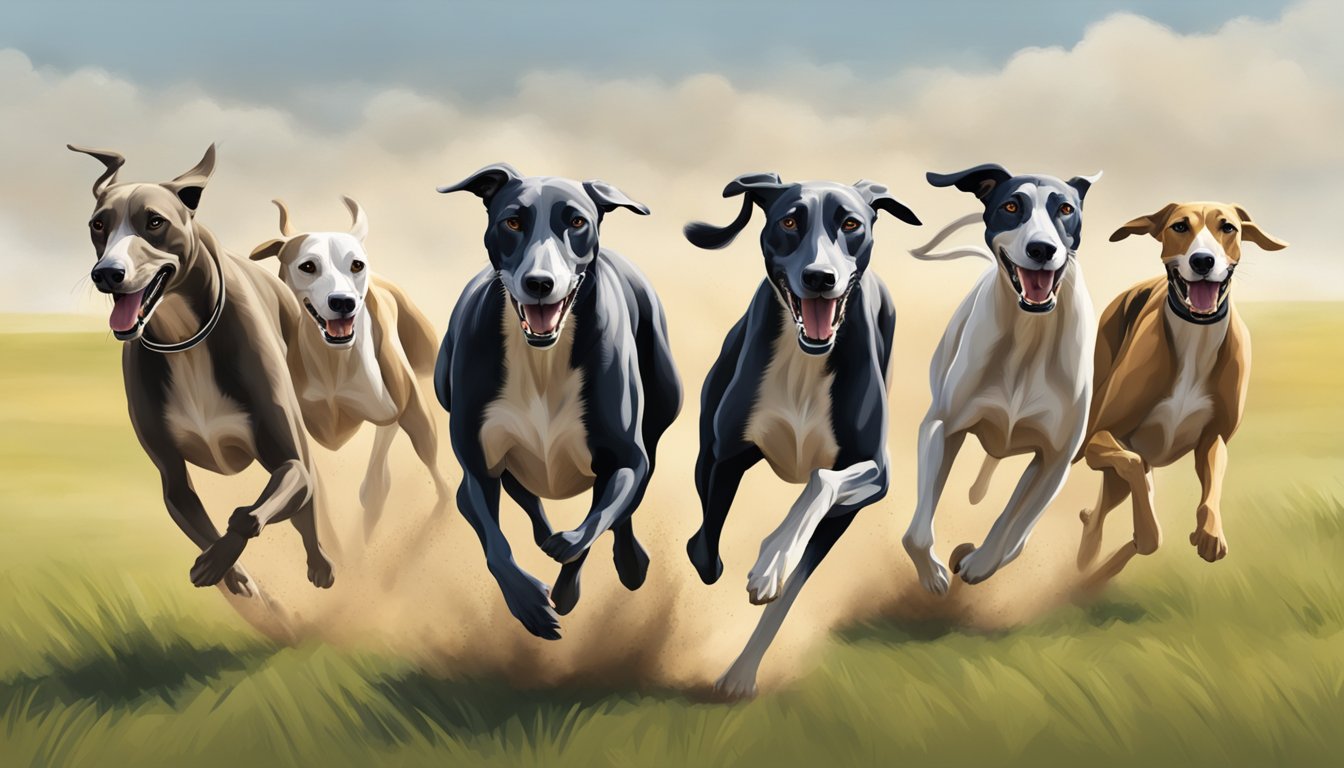 A pack of Greyhounds sprinting across an open field, their sleek bodies in perfect form as they chase down their prey