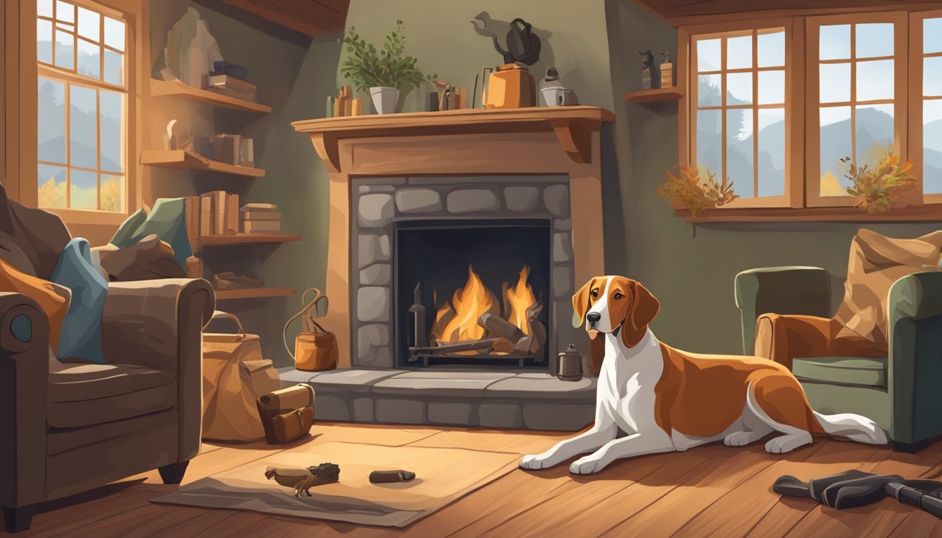 Two hounds sit by a cozy fireplace, tails wagging, while their owners prepare for a hunting trip. Outdoor gear and hunting rifles are scattered around the room