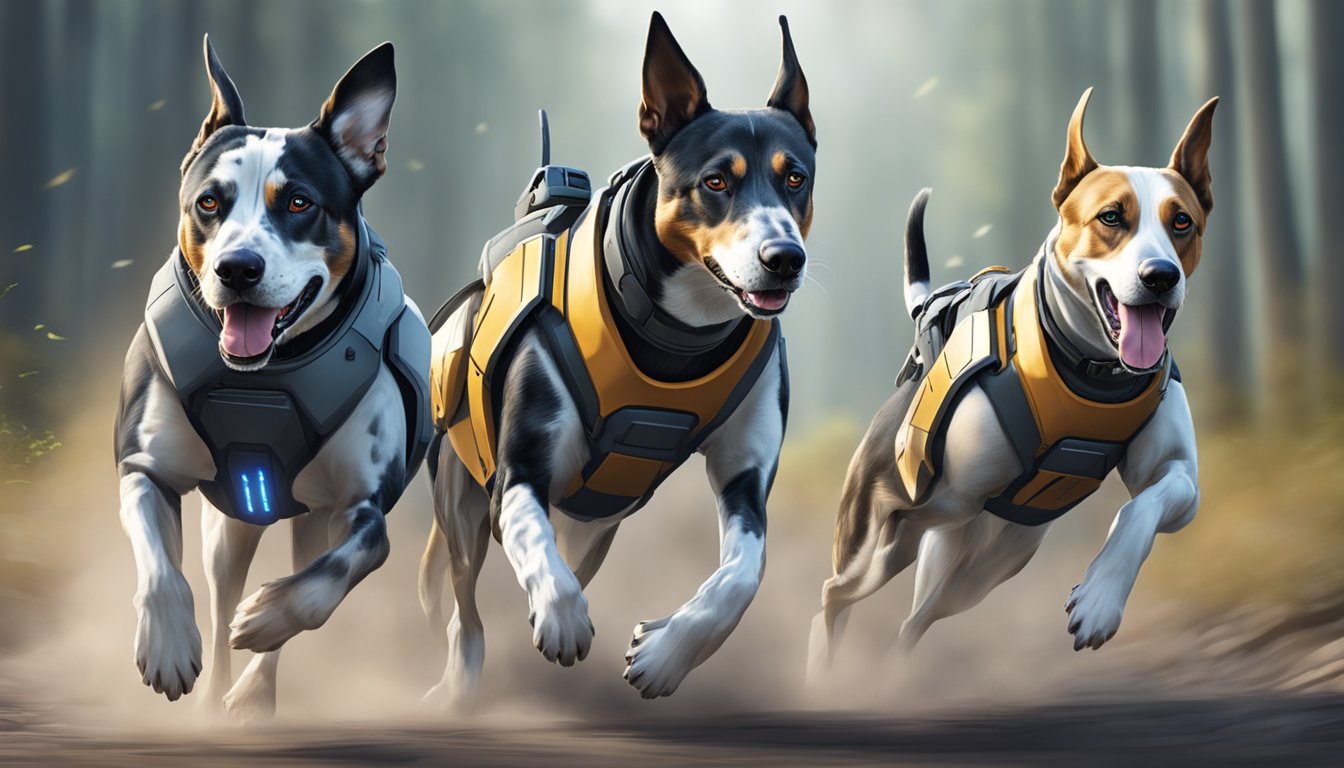 A pack of sleek, futuristic hounds equipped with advanced technology, tracking and capturing their targets with precision and speed