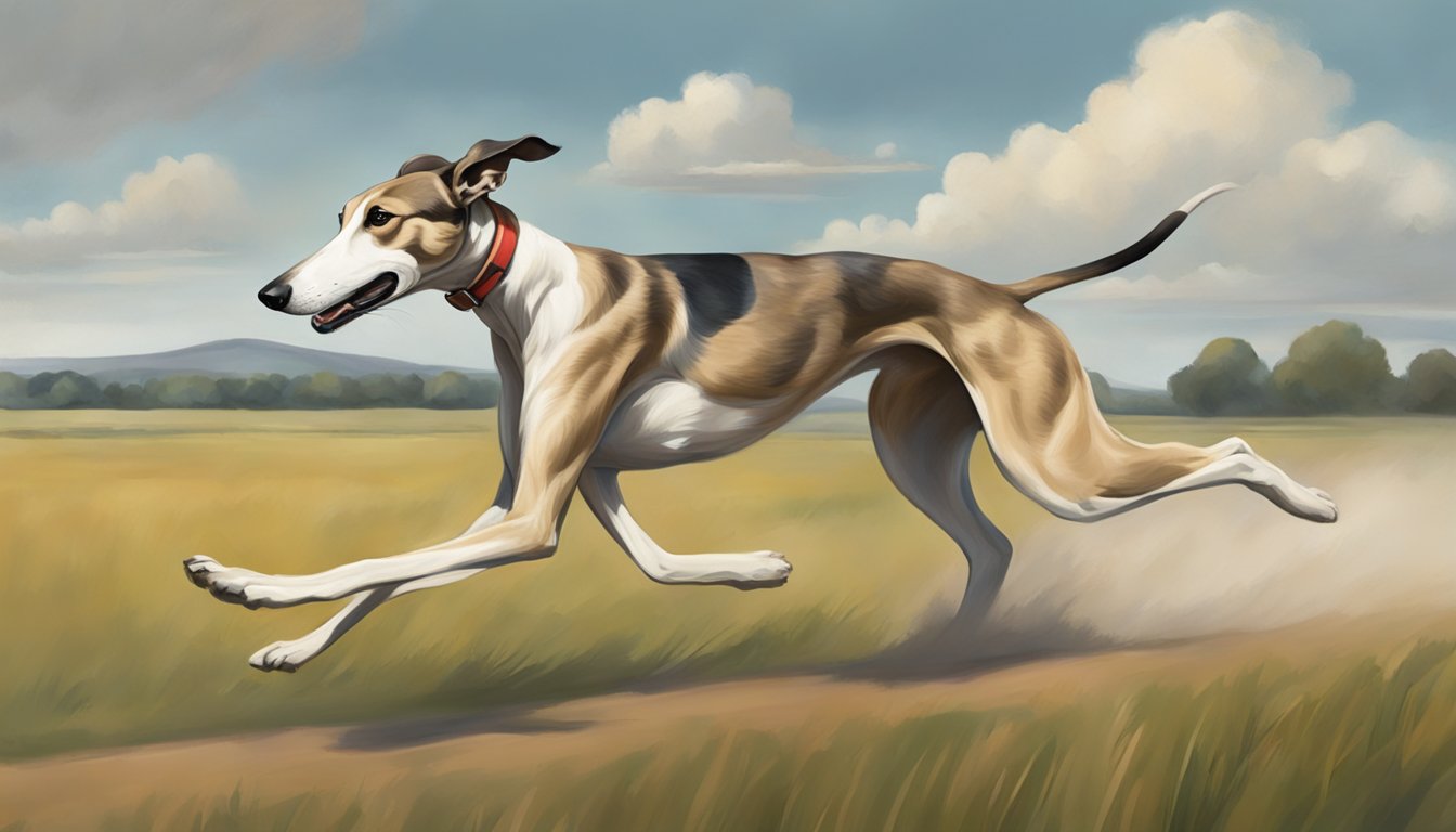 A greyhound chasing after a hare across a vast open field, with its sleek body and powerful legs propelling it forward in pursuit