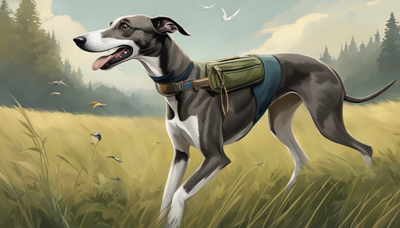 A Greyhound standing in a grassy field, with a hunter holding a rifle and a bird in the dog's mouth