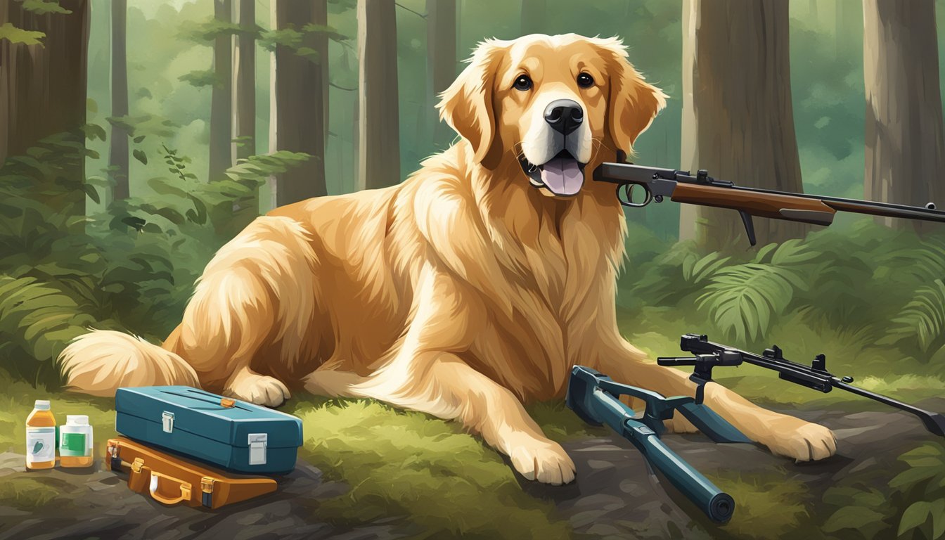 A golden retriever with a shiny coat stands beside a hunting rifle and a first aid kit in a lush, wooded area