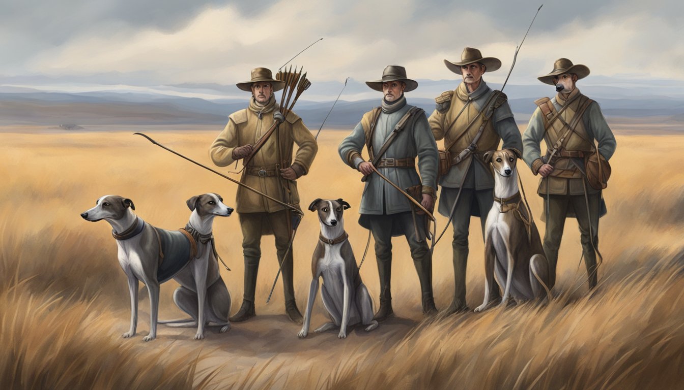 Greyhounds stand alert, wearing sleek hunting gear. A bow and arrows, a hunting horn, and a leather pouch lay nearby