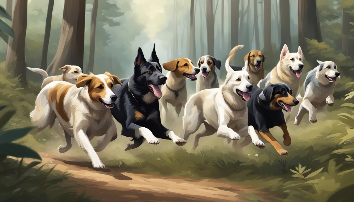 A pack of dogs, including hounds and other breeds, running through a forest, noses to the ground, eagerly searching for prey