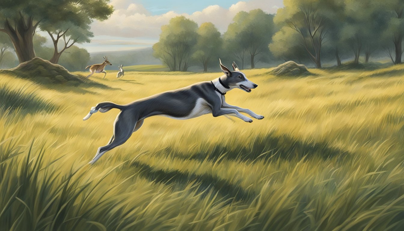 A greyhound chasing a hare through a grassy field, with the landscape showing signs of wildlife conservation efforts