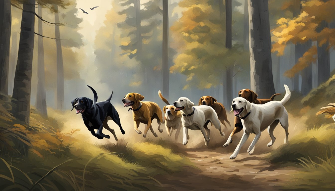 A pack of hunting dogs, including pointers, retrievers, and hounds, running through a dense forest, eagerly tracking their prey