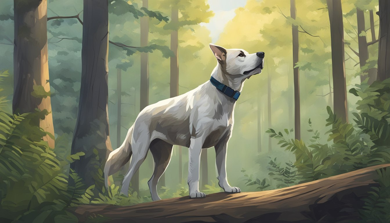 A dog with a strong build and keen sense of smell tracking prey in a dense forest