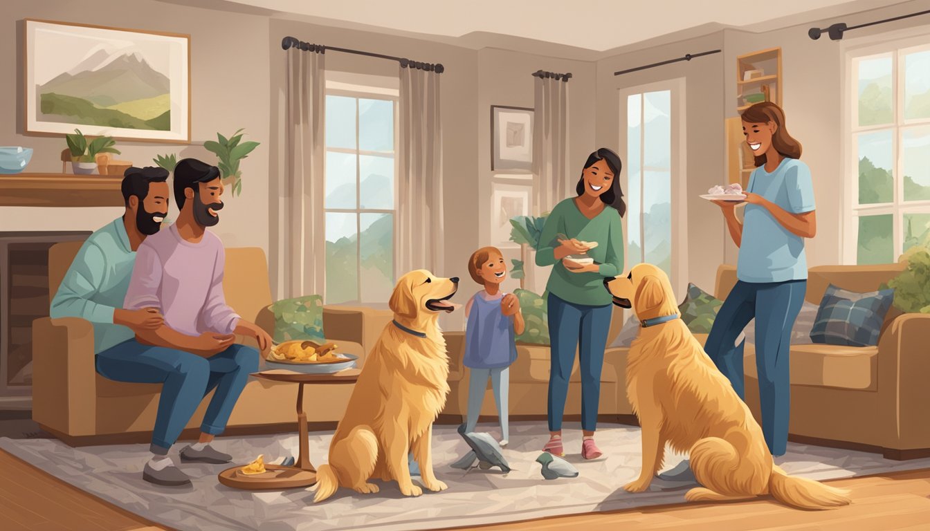 A Golden Retriever stands proudly with a freshly caught bird in its mouth, surrounded by a happy family in a cozy living room