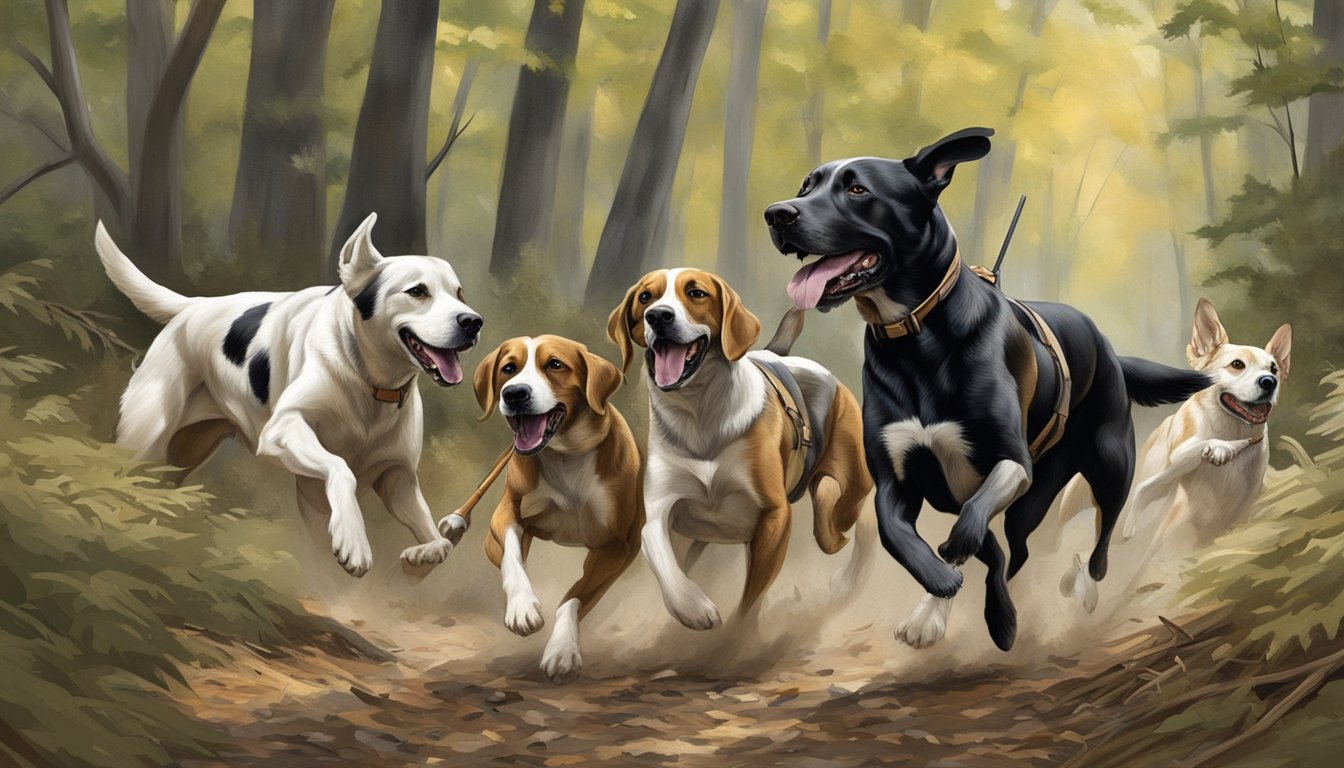 Hunting dogs and other breeds running through a wooded area, following a scent trail