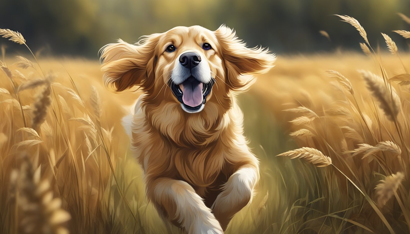 A golden retriever runs through a field, ears flapping, nose to the ground, tail wagging, focused on the hunt