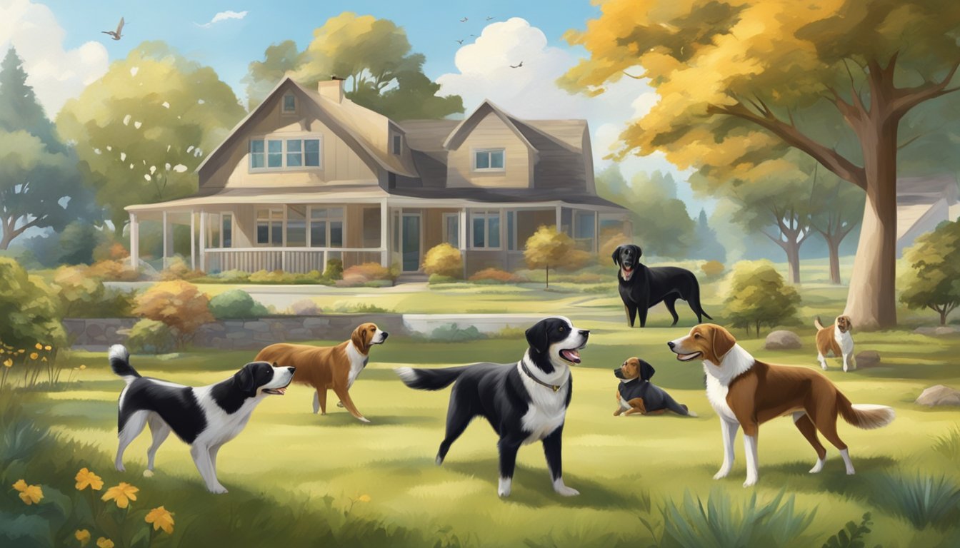 Two hunting breeds playfully interact with other family breeds in a spacious backyard, surrounded by trees and a sunny sky