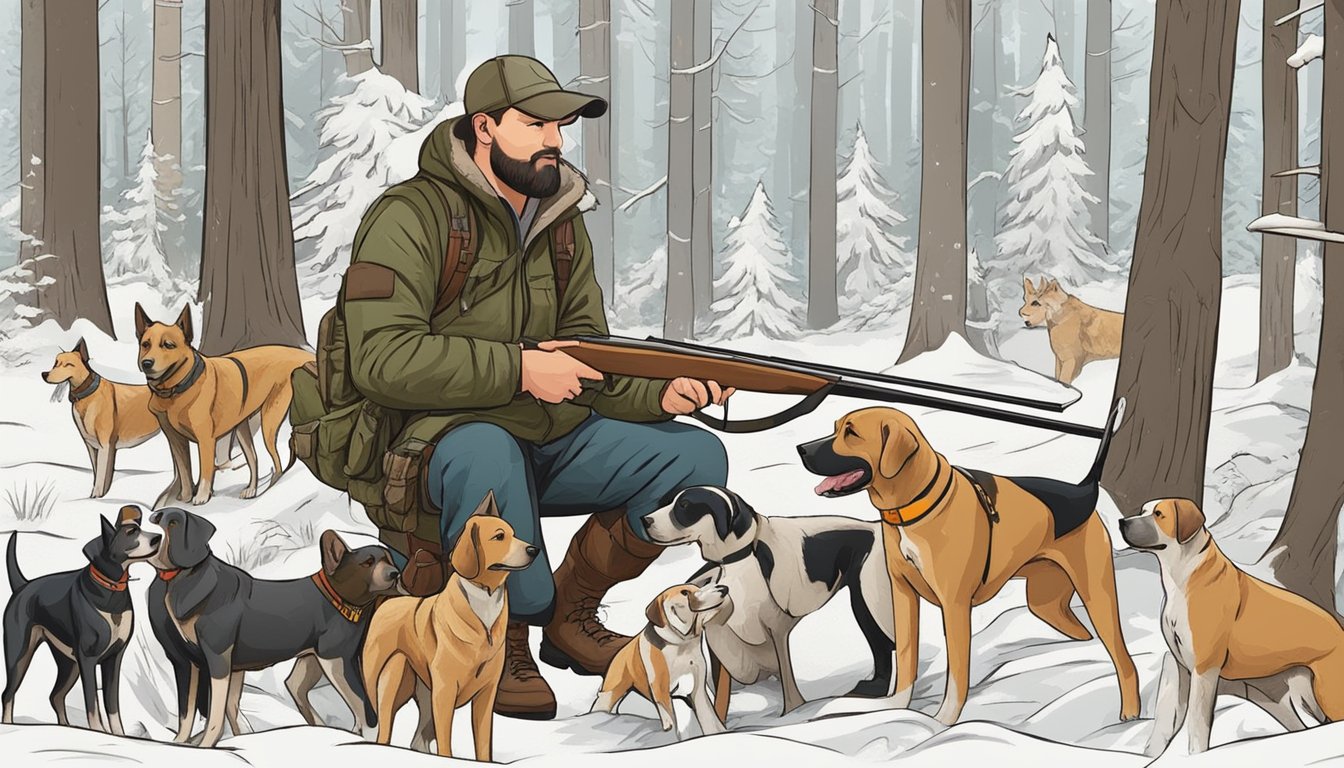 A hunter with a loyal dog in a forest, surrounded by various hunting breeds. The hunter is carefully selecting the right breed for their specific hunting needs