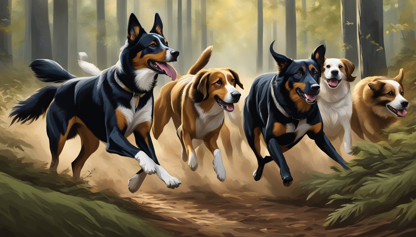 Hunting dogs and other breeds running through a forest, tails wagging, noses to the ground